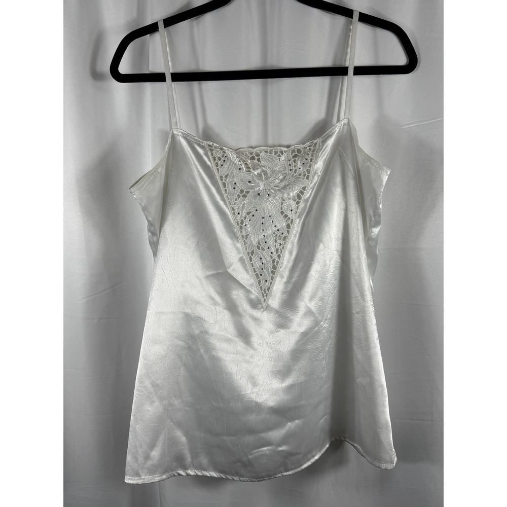 Vintage Cris Devi West Germany White Satin Lace Rhinestone Camisole Top Size 42